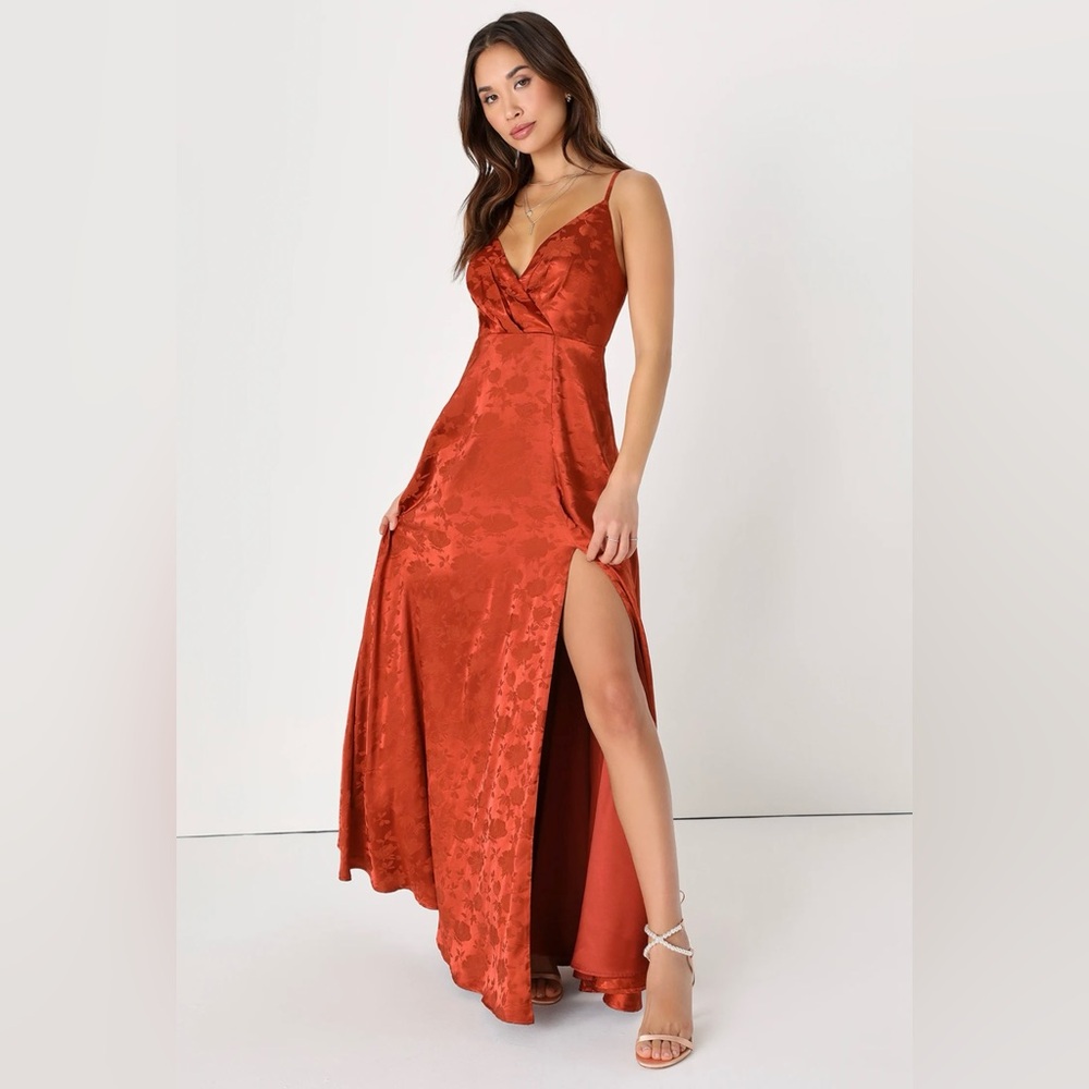 Lulu’s Forever Exquisite Rust Orange Satin Surplice Maxi Dress